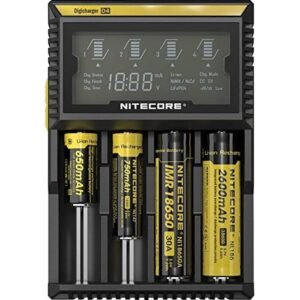 NITECORE D4 BATTERY CHARGER (4-BAY) Introducing the Nitecore D4 4-Slot Battery Charger With LCD Display. This is a universal four-channel charger with the compatibility of various types of battery sizes and types. The charger will automatically stop charging when batteries are complete charged or full. Nitecore D4 4-Slot Battery Charger With LCD Display Features: Ability to charge 4 batteries simultaneously Each battery slot works independently Optimized charging design for IMR batteries LCD panel display of charging parameters and progress Optimal heat dissipation Made from durable ABS (fire retardant / flame resistant) Temperature monitoring to prevent overheating Overcharge prevention Two conveniently located side buttons allow easy selection of specific battery types and charging parameters Intelligent circuitry detects the battery type and status before entering automatic charge mode (CC, CV, dV/dt) Automatically detects battery power status and selects the appropriate voltage and charge mode (with the exception of LiFePO4 batteries which require manual selection) Reverse polarity protection